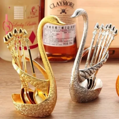 Spoon Set With Swan Stand - Golden